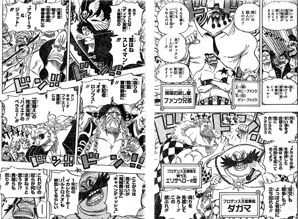 隣国の殺し屋ファンク兄弟弟ボビー・ファンク兄ケリー・ファンク、プロデンス王国軍師ダガマとプロデンス王国国王戦う王エリザベロー2世、ディアス海戦A級戦犯の首はねスレイマン、元賞金稼ぎ政府機関爆破事件のアブドーラ&ジェット、偽りの殺戮冒険野郎支配者オオロンブス、ドンキホーテファミリー推薦枠億越えの残虐海賊ハイエナのベラミー、海賊貴公子キャベンディッシュ、一年前のイカレたルーキーバルトロメオ参加